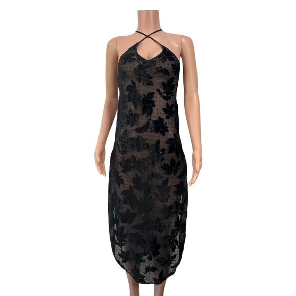 Vintage Morgan Taylor Black Sheer Slip Dress SZ S Velvet Floral By Fantasies - Picture 3 of 16